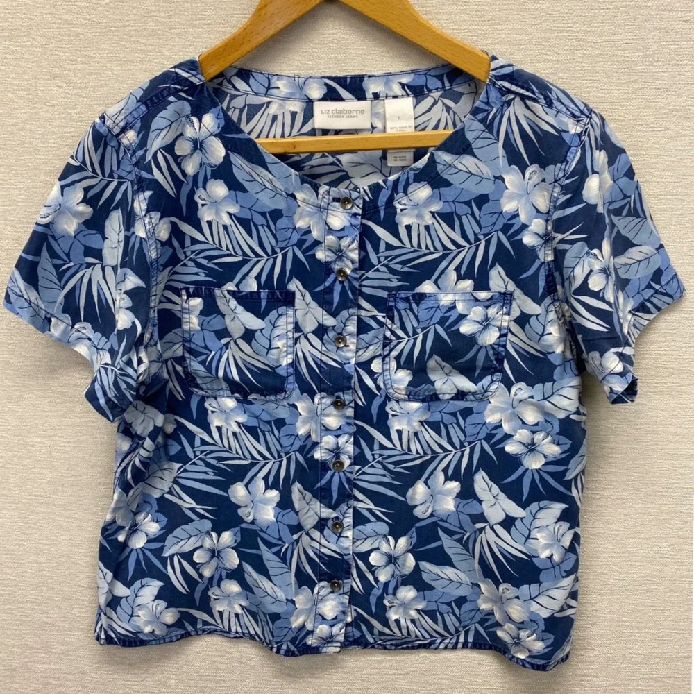 Liz Claiborne Lizwear Jeans Tropical Floral Top Womens Large Blue Tencel VTG Y2K